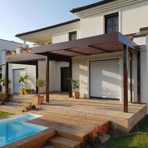 Terrassenüberdachung aus Aluminium, modernes Wohnhaus Steiermark